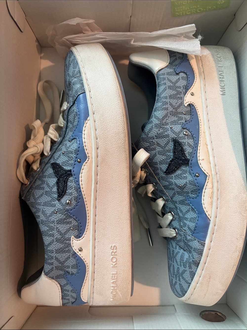 Michael Kors Poppy Lace Up Blue and Cream Monogram Platform Sneakers 6 M